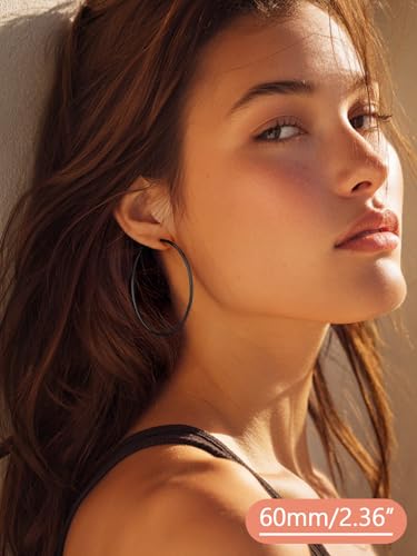 FaithHeart Silver/Black/Gold Stainless Steel Thin Hoop Earrings for Women | 2mm Wide Thin Large Hoop Earrings, Hypoallergenic Lightweight Trendy Jewelry, 20/30/40/50/60/70/80/90/100mm - color: Black, size: 60mm/2.36"