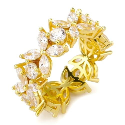 TOPGRILLZ Flower Band Rings for Women - 9 mm Cubic Zirconia Eternity Style Chunky Ring, Marquise and Round Stone, Fashion Jewelry Size 6-10 - color: Gold Tone