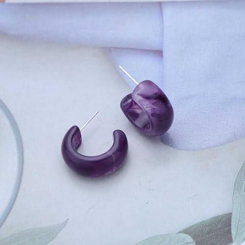 Vintage Acrylic Hoop Earrings - Purple Resin C Shape Studs - Chunky Open Hoop Earrings - Women's Jewelry