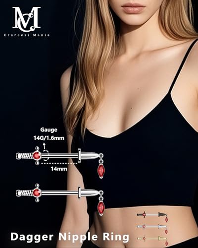 Dagger Nipple Ring 14G Gold Nipple Rings 316L Stainless Steel Nipple Piercing Jewelry Dangle Nipple Rings for Women Nipple Piercing Jewelry - color: Silver