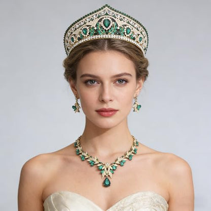 Princess Tiara Crown and Jewelry Sets for Women Wedding Rhinestone Crystal Tiaras and Crowns with Necklace Earrings Party Birthday Accessories - color: Gold Green