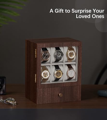 Homde Wooden Watch Box for Men: Display Case with 6 Slots | Organizer for Watches Glasses Jewelry - Nightstand Dresser Display-Clear Dustproof Window for Easy Viewing (M Size) - size: M