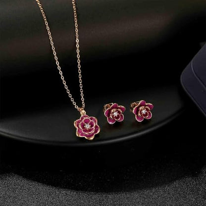 EVEVIC Dainty Flower Pendant Necklace Earrings for Women 14K Gold Plated Hypoallergenic Jewelry Sets - color: Purple /Rose Gold-tone