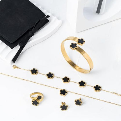 Lucky Flower Alloy Jewelry, Lucky Flower Design Necklace Earrings Bracelet Bangle Ring Jewelry Set, Clover Gold Plated Chain Wrap Ornament & Plush Pouch for Women - color: Black