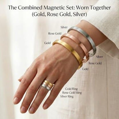 Calming Bracelet Ring Set for Women, Menopause Bracelets Adjustable Bangle Stainless Steel Cuff Climacterium Anxiety Stress Relief Energy Open Jewelry Gift - color: Silver PRO + Silver