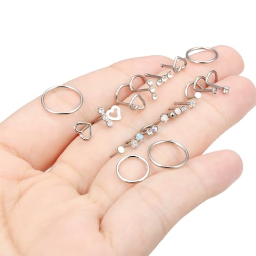 Hoeudjo Hinged Nose Rings Hoop Surgical Steel Cubic Zirconia Nose Studs Kit for Women Men Tiny Nose Stud Screw & Bone & L Shaped Nostril Rings Piercing Jewelry 20-18 Gauge 24 Pieces - color: 20g