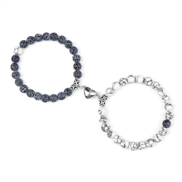 Set Of 2 Couples Bracelet Magnetic Healing Natural Bead Stone Stretch Bracelet Unisex Anniversary, Friendship, Valentine, Christmas Gift - color: Howlite+Blue Weathered, style: Without Giftbox