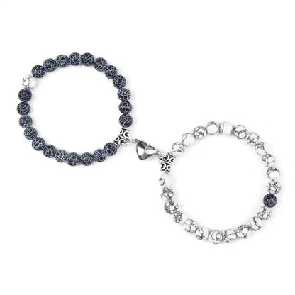Set Of 2 Couples Bracelet Magnetic Healing Natural Bead Stone Stretch Bracelet Unisex Anniversary, Friendship, Valentine, Christmas Gift - color: Howlite+Blue Weathered, style: Without Giftbox