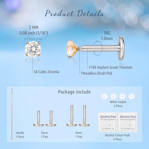 limerencia G23 Hypoallergenic 18g Flat Back Stud Earrings | F136 Implant Grade Titanium Pressfit Threadless Push Pop in Cartilage Helix Labret Lip Monroe Tragus Flat Back Piercing Studs - color: 2mm White CZ Gold