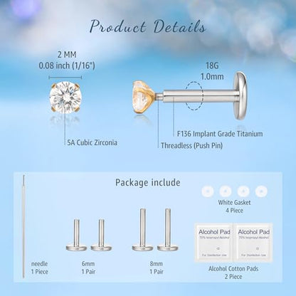 limerencia G23 Hypoallergenic 18g Flat Back Stud Earrings | F136 Implant Grade Titanium Pressfit Threadless Push Pop in Cartilage Helix Labret Lip Monroe Tragus Flat Back Piercing Studs - color: 2mm White CZ Gold