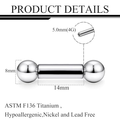 Ruifan Grade 23 Titanium Internally Threaded Nipple Piercing Jewelry Barbell Ring PA Tongue Rings Nipple Straight Body Piercing Jewelry for Women Men 16G 14G 12G 8G 6G 4G 2G - size: 4GA - 9/16" (14mm)