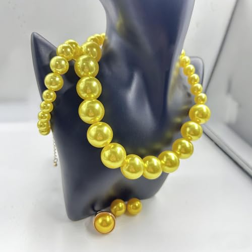 White Faux Pearl Necklace and Earrings Set Big Large Pearl Bead Ball Beaded Choker Necklace Black Pink Pearls Statement Bracelet Ring for Women - color: yellow