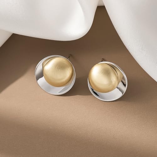 Geometric Chunky Stud Earrings for Women,Thick Brashed Matte Brass Metal Lightweight Dainty Trendy Statement Two-Tone Jewelry Earrings - color: Gold