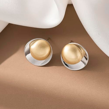 Geometric Chunky Stud Earrings for Women,Thick Brashed Matte Brass Metal Lightweight Dainty Trendy Statement Two-Tone Jewelry Earrings - color: Gold