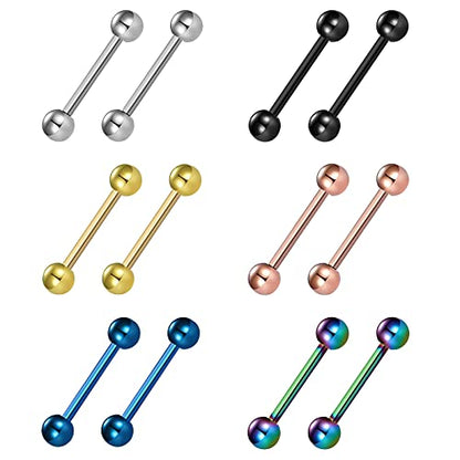 12Pcs Different Color Tongue Rings Surgical Stainless Steel Tongue Piercing 14G 16mm Length Straight Barbell Piercing Jewelry