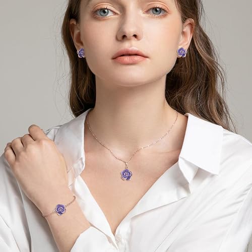 EleQueen Rose Flower Necklace Earrings Bracelet Set for Women - color: Light Purple-Rose Gold