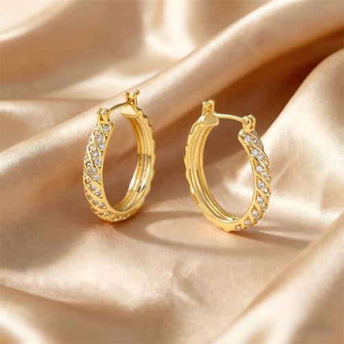 14K Gold Hoop Earrings for Women 14K Gold Earrings Jewelry Spiral Cubic Zirconia Thick Hoops Hypoallergenic Womens Huggie Earring 20/25/30/35MM - size: 30MM