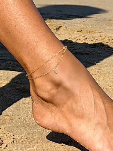 Richsteel Initial Ankle Bracelets for Women Waterproof, 14K Gold Plated/Silver Stainless Steel Anklets, Dainty Adjustable Layered Anklets with Bubble Letter, Non Tarnish Summer Beach Jewelry with Gift Box - color: I-Gold-Plated