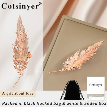 Small Rose Flower Feather Brooch Pin, Lapel Pin Men Women Suit | Classic Simple Metal Jewelry, Collar Shirt Clothes Blazer Coat Jacket Vest Hat Dress, Wedding Boutonniere, Velvet Pouch & Box - color: Pink