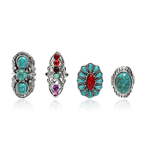 4 Pieces Vintage Turquoise Rings Set for Women Bohemian Western Natural Turquoise Geometric Flower Rings Retro Western Style Country Concert Jewelry Gifts