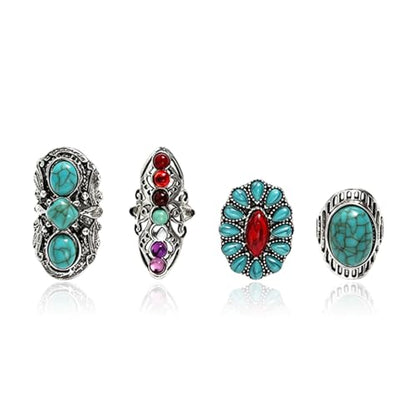 4 Pieces Vintage Turquoise Rings Set for Women Bohemian Western Natural Turquoise Geometric Flower Rings Retro Western Style Country Concert Jewelry Gifts