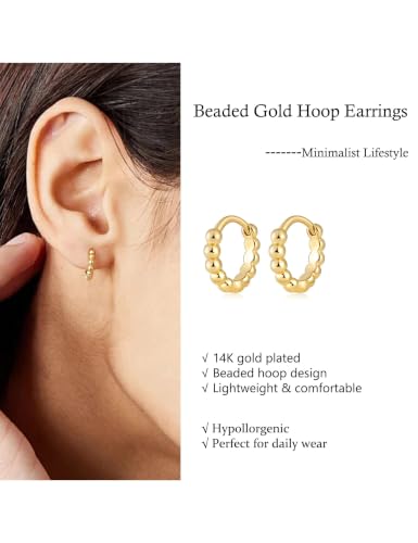 Fiusem 14K Gold Plated Huggie Hoop Earrings for Women | 8/10/12 Hypoallergenic Small Twisted beaded Huggie Earrings - color: Gold Bead, size: 10MM