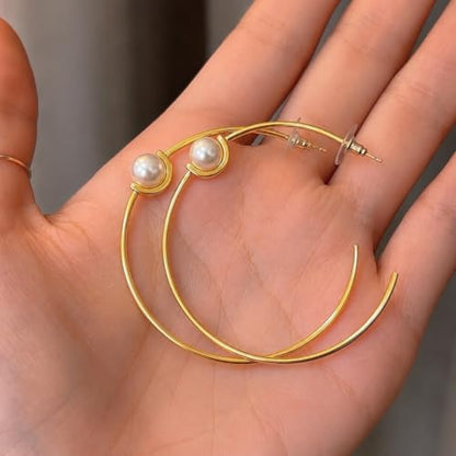 OwMell Large Hoop Earrings for Women 925 Sterling Silver Post 14K Gold Plated Big Hoops Earrings Trendy Pearl Cubic Zirconia Hoop Earrings - color: Pearl Gold Small