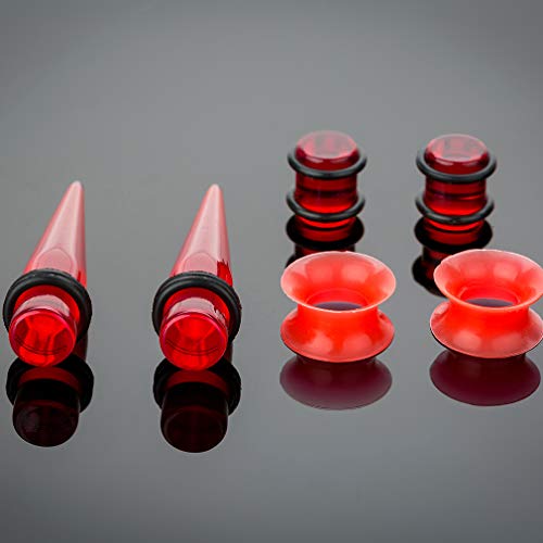 50-Piece Ear Gauges Stretching Kit, 14G-00G | Acrylic tapers and plugs with soft silicone tunnels, body piercing jewelry for women and men - color: Red