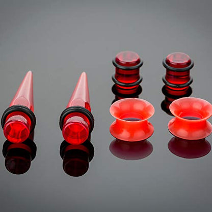50-Piece Ear Gauges Stretching Kit, 14G-00G | Acrylic tapers and plugs with soft silicone tunnels, body piercing jewelry for women and men - color: Red