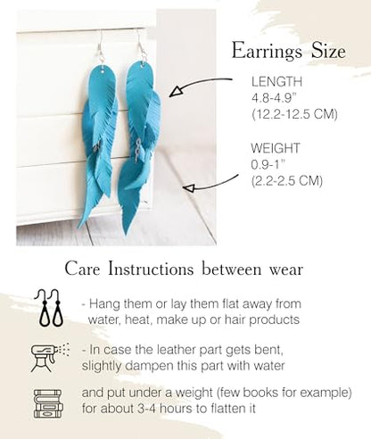 Leather Feather Earrings, Suede layered earrings, boho wedding jewelry, summer earrings, gift for her, dangle earrings - color: turquoise blue