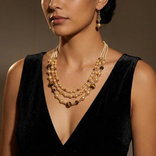 Coiris Layered Pearl Necklace and Earring Set for Women Boho Beaded Statement Choker with Faux Pearls Chunky Costume Jewelry for Wedding Party Beach Vacation Gift - color: Champagne