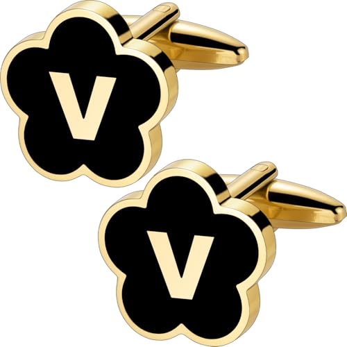 Initial Cufflinks for Mens,Personalized Black Glod Pated Letter Shirts CuffLinks,Stainless Steel Cuff Links, Business Wedding Gift A-Z - style: Letter V