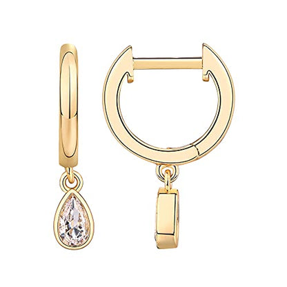 PAVOI 14K Gold Plated Huggie Hoop Earrings with Charms for Women - 925 Sterling Silver Posts Dainty Motif Huggie Hoop Dangle Earrings - Lightweight Dangle Drop Jewelry with Cubic Zirconia - style: Pear
