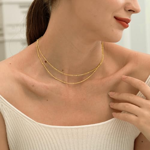CHESKY 14K Gold Plated Silver Dainty Satellite Choker Necklace for Women | Layered Beaded Chain Necklace, Thin Choker Jewelry, Dainty Gold necklace, Minimalist Trendy Jewelry, Daily Gift for Women - style: Layeredbead gold