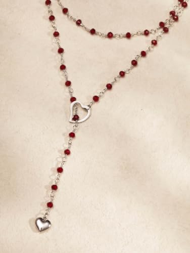 Sacina Long Lariat Beaded Heart Choker Necklace, Goth Emo Punk Grunge Necklace - color: Red