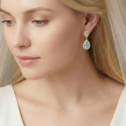 Mariell Cubic Zirconia Crystal Teardrop Dangle Bridal and Wedding Earrings, CZ Jewelry for Brides, Bridesmaids, Homecoming, Prom and Dressy Everyday Wear - color: Gold-Blue Cubic Zirconia