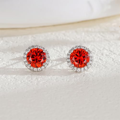 YOMELA Round Cubic Zirconia Stud Earrings for Women | Everyday Dainty, Diamond-Like Brilliance, CZ Halo Birthstone Studs, Hypoallergenic & Lightweight, Elegant & Versatile - color: Orange Red
