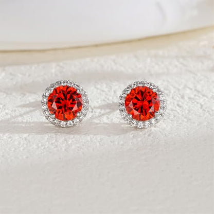 YOMELA Round Cubic Zirconia Stud Earrings for Women | Everyday Dainty, Diamond-Like Brilliance, CZ Halo Birthstone Studs, Hypoallergenic & Lightweight, Elegant & Versatile - color: Orange Red
