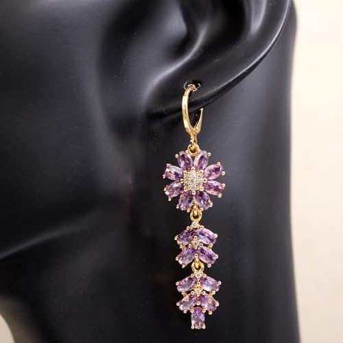 18K Gold Plated Flower Dangle Earrings for Women, Hypoallergenic Cubic Zirconia Earrings, Elegant CZ Drop Earrings, Statement Jewelry Gifts Party Fashion - style: Flower-Purple