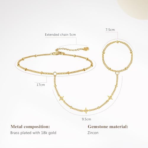 Cicy Bell Hand Chain Bracelets for Women 18K Gold Plated | Layered Stackable Dainty Ring Bracelets, Adjustable Satellite Bead Dot Link Finger Bracelets - color: Style L-Gold