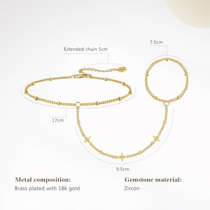 Cicy Bell Hand Chain Bracelets for Women 18K Gold Plated | Layered Stackable Dainty Ring Bracelets, Adjustable Satellite Bead Dot Link Finger Bracelets - color: Style L-Gold