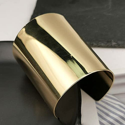 COLORFUL BLING Punk Alloy Hollow Geometric Smooth Polished Gold Hoop Open Cuff Wide Bracelet Bangle Wrist Jewelry for Women Lady - color: gold solid short