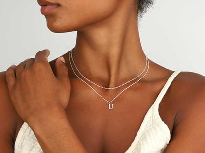 MBW Dainty Silver Layered Initial A-Z Pendant Necklaces for Women Thin | Simple Waterproof 925 Silver Plated Necklace Figaro Choker Monogram Name Jewelry Set Personalized - color: Silver InitIal NK-U