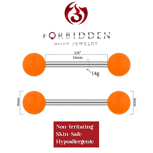 Forbidden Body Jewelry 14g 16mm (5/8 Inch) Hypoallergenic Titanium Double Ball Nipple & Tongue Ring Barbells - style: Orange