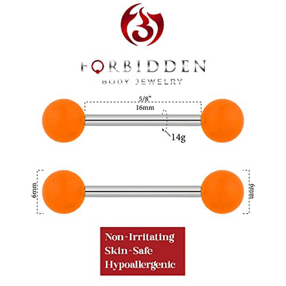 Forbidden Body Jewelry 14g 16mm (5/8 Inch) Hypoallergenic Titanium Double Ball Nipple & Tongue Ring Barbells - style: Orange