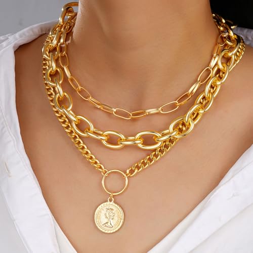 Gold Chunky Layered Coin Necklaces for Women Trendy Cuban Link Paperclip Chains Necklace Stack Coin Pendant Necklace Set Jewelry Gifts - color: Gold