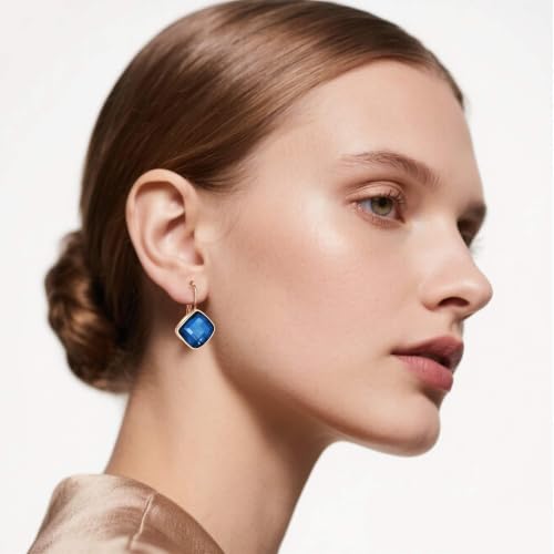 Austrian Crystal Square Leverback Drop Earrings for Women | Classic Square-Cut Crystal,14K Gold-Plated,Leverback for Easy Secure Wear,Gift Box Included,For Day and Evening Events - color: Dark Blue