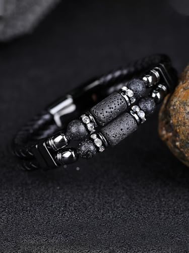 Mens Leather Turquoise/Tiger Eye/Obsidian/Lava Stone Bracelet–Braided Multi‑Layer Wristband Cuff Bangle Barcelet–Jewelry Box and Pouch Packing - color: Lava Rock Stone, size: 9in(Fits larger wrists)