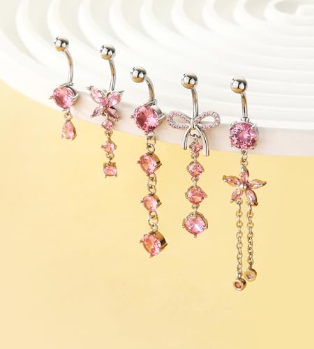 BSJ4U Belly Button Rings Gold Plated Silver Pink Clear CZ Belly Rings for Women Heart Bow Flower Butterfly Teardrop Dangle Navel Belly Button Piercing Jewelry - color: Silver Pink Dangle Belly Button Rings