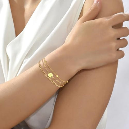 18K Gold Plated Initial Bracelets for Women - Stainless Steel Layered Letter Charm Bracelet A to Z - Gold Jewelry Christmas Birthday Gifts - color: M